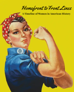 Drawing of a woman in blue short sleeve shirt flexing her arm with a saturated, solid yellow background.